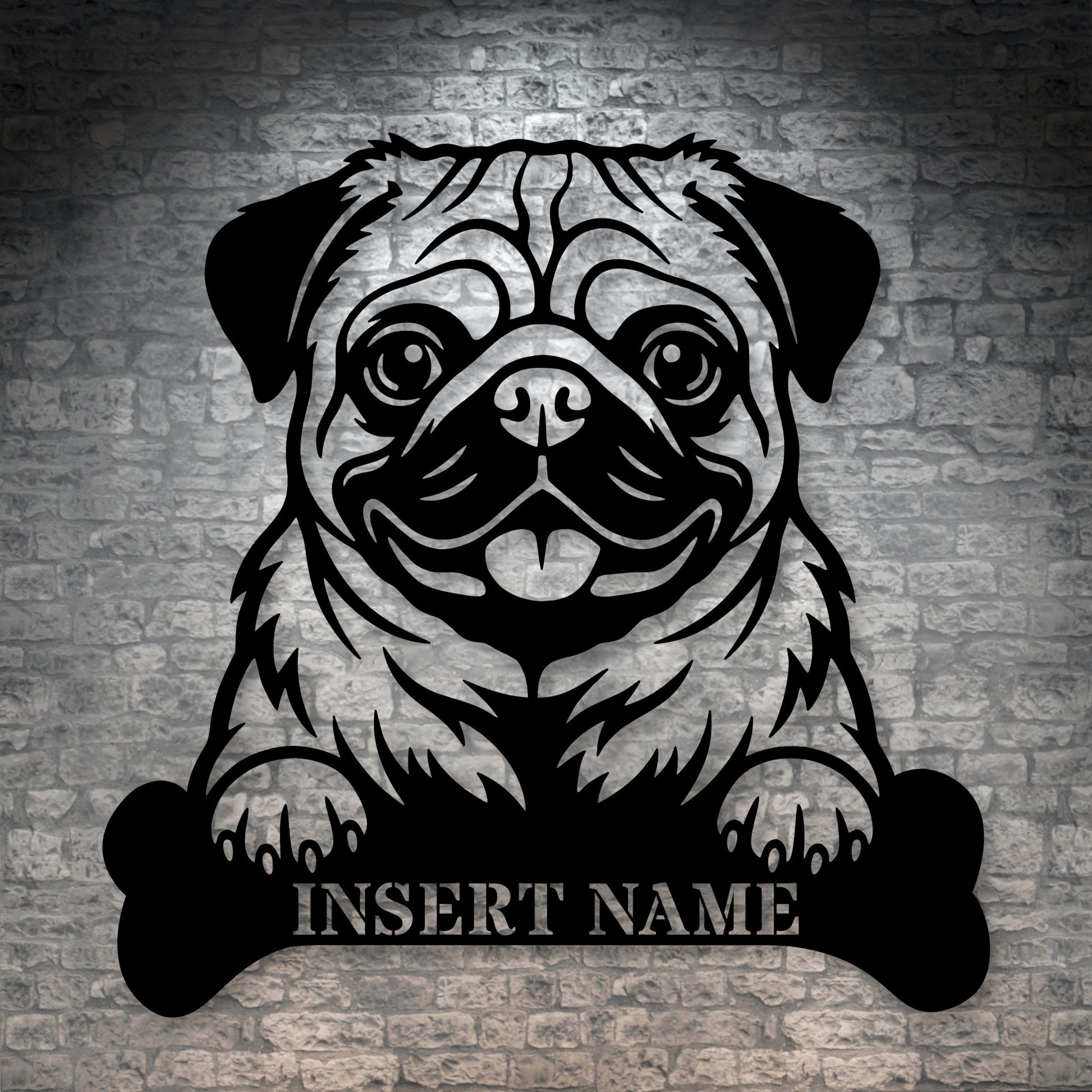 Personalized Pug With Bone Name Metal Sign. Custom Funny Dog Decor