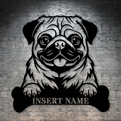 Personalized Pug With Bone Name Metal Sign. Custom Funny Dog Decor