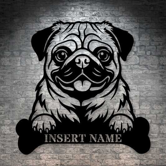Personalized Pug With Bone Name Metal Sign. Custom Funny Dog Decor