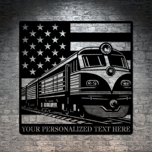 Personalized Patriotic Train Metal Sign. Custom Vintage US Locomotive Wall Decor Gift. American Train Collector. US Train Wall Hanging Sign