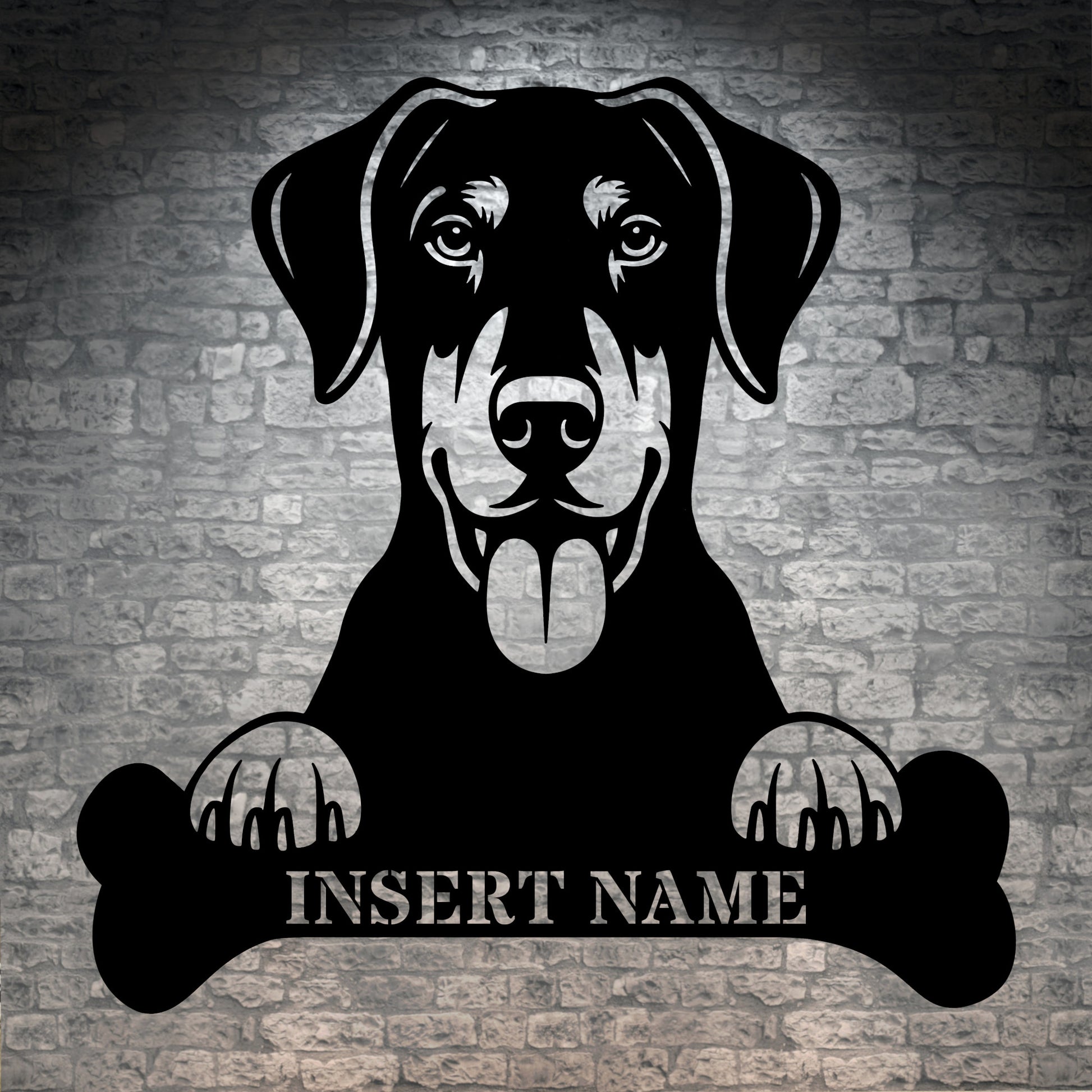 Personalized Dobermann With Bone Metal Sign. Custom Funny Dog Name Decor