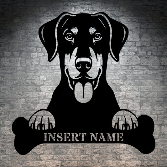 Personalized Dobermann With Bone Metal Sign. Custom Funny Dog Name Decor