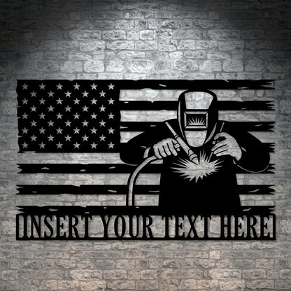 Personalized American Tig Welder Metal Sign. Custom Ironworker Portrait. Patriotic US Metal Fabricator Wall Decor. Metal Shop Wall Hanging