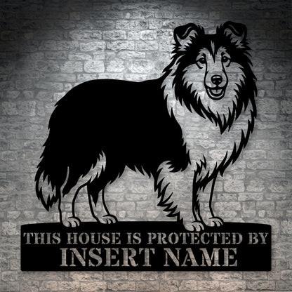 Personalized Shetland Sheepdog Guard Metal Sign. Custom Dog Protect Name Wall Decor