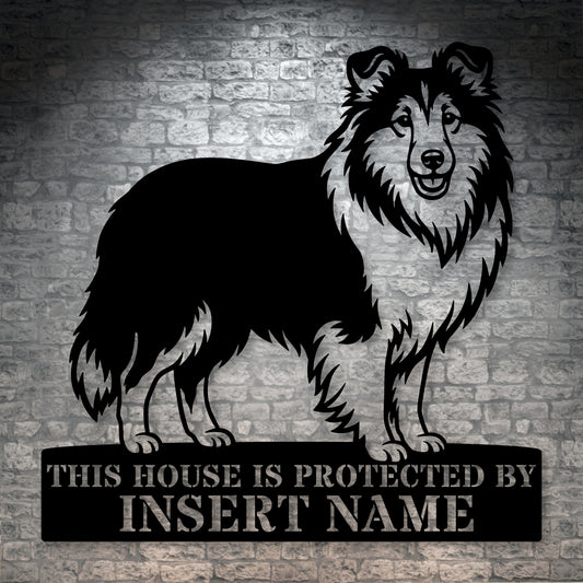 Personalized Shetland Sheepdog Guard Metal Sign. Custom Dog Protect Name Wall Decor