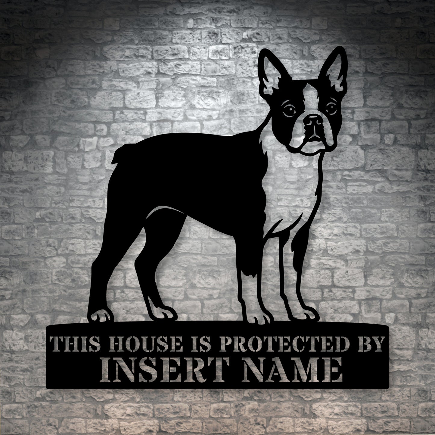 Personalized Boston Terrier Guard Metal Sign. Custom Dog Protect Name Wall Decor