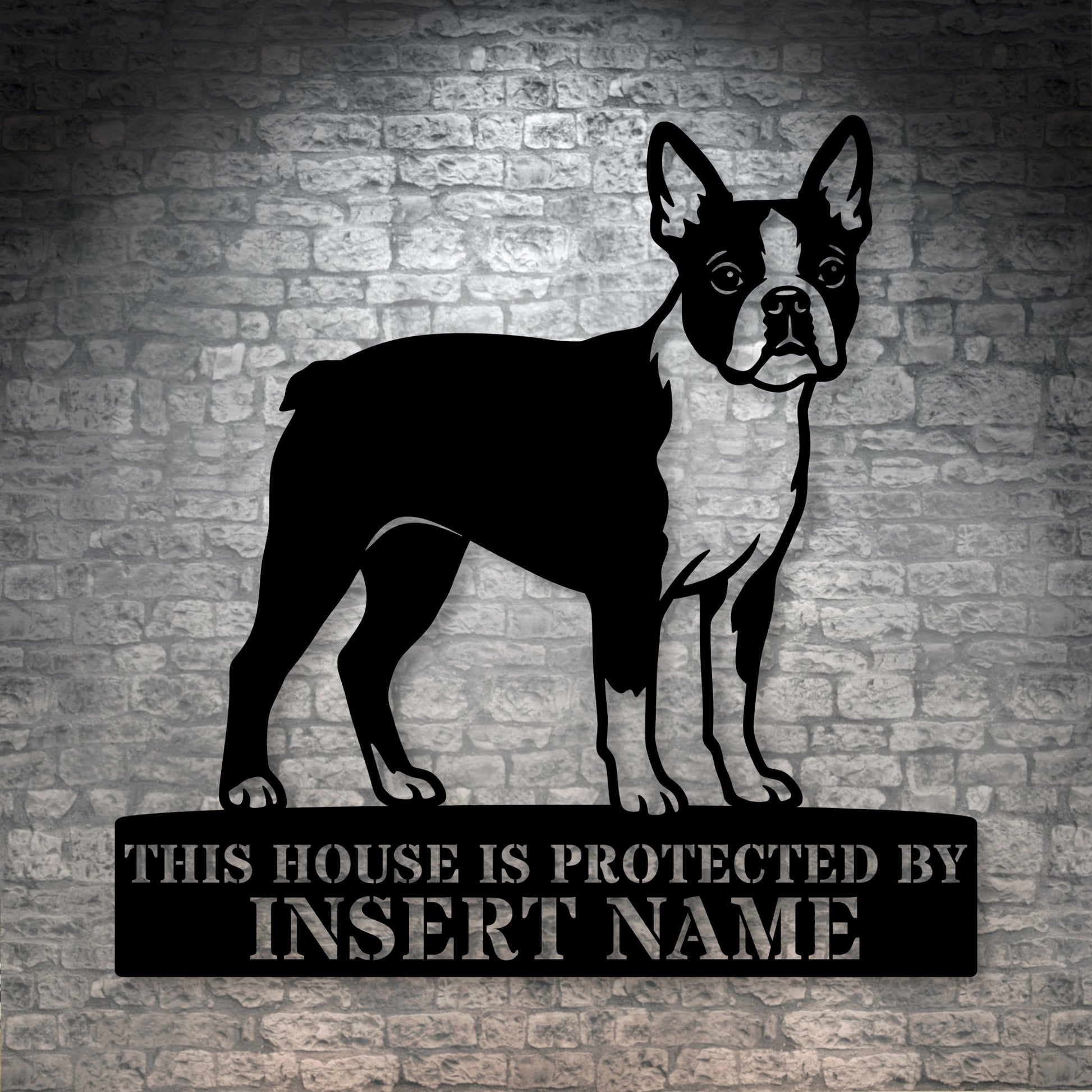 Personalized Boston Terrier Guard Metal Sign. Custom Dog Protect Name Wall Decor