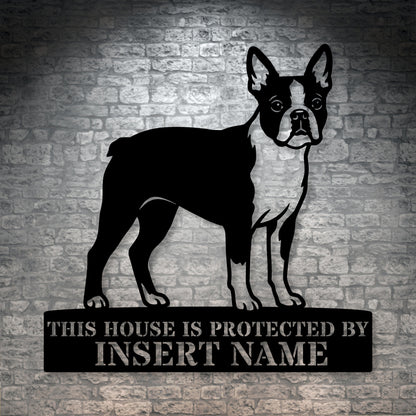 Personalized Boston Terrier Guard Metal Sign. Custom Dog Protect Name Wall Decor