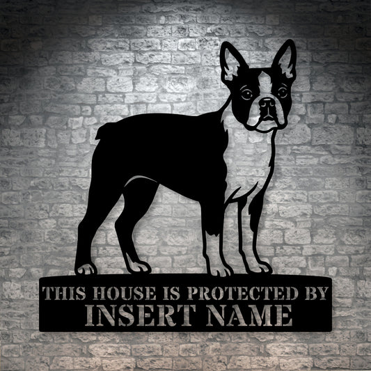 Personalized Boston Terrier Guard Metal Sign. Custom Dog Protect Name Wall Decor