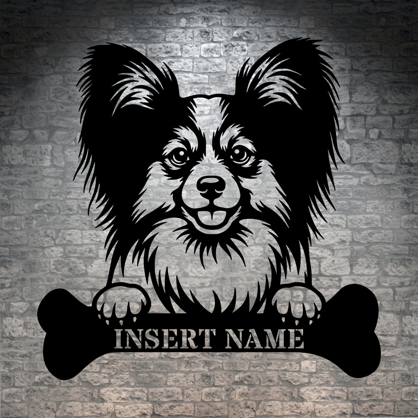 Personalized Papillon With Bone Name Metal Sign. Funny Custom Dog Wall Decor Gift