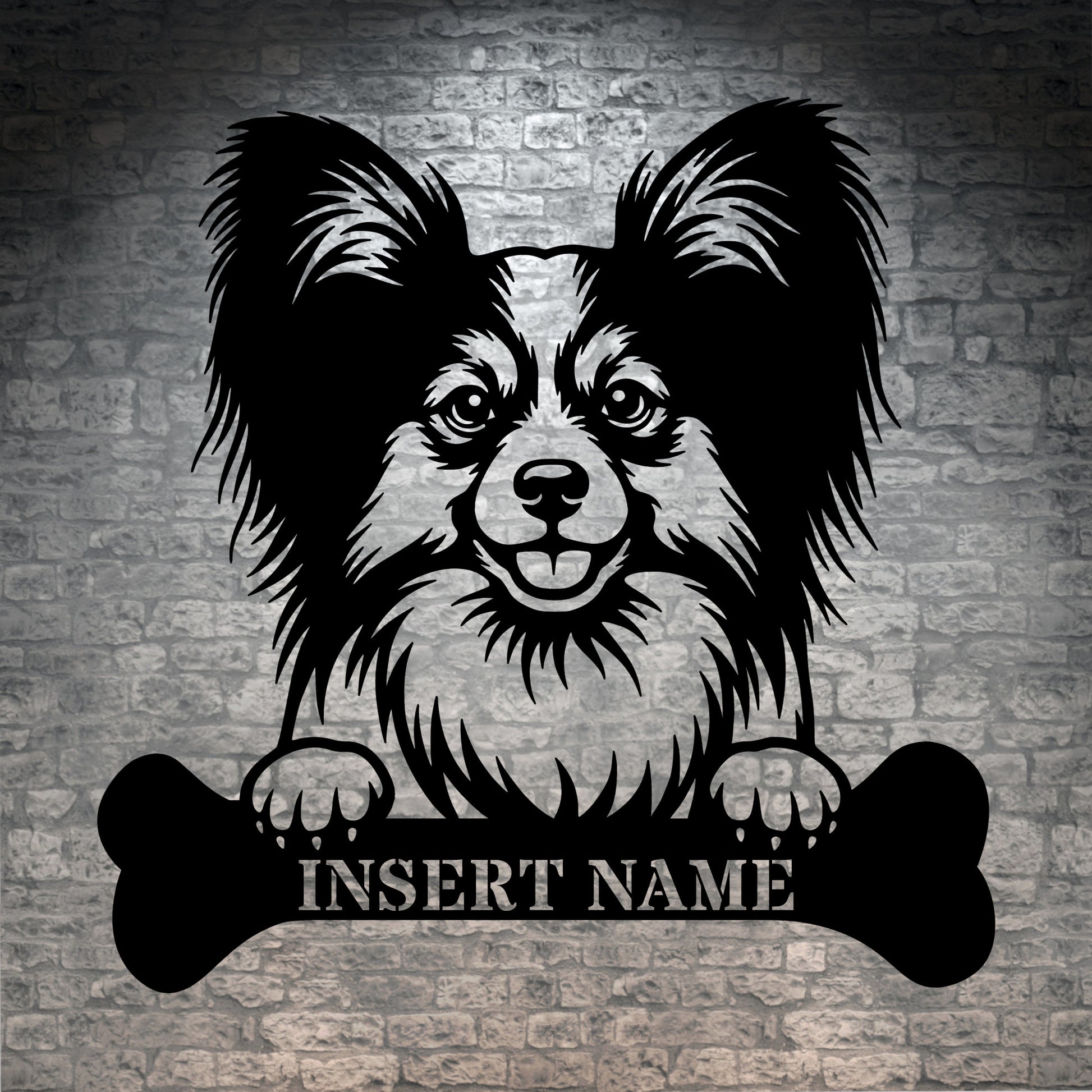 Personalized Papillon With Bone Name Metal Sign. Funny Custom Dog Wall Decor Gift