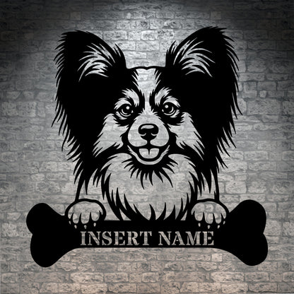 Personalized Papillon With Bone Name Metal Sign. Funny Custom Dog Wall Decor Gift