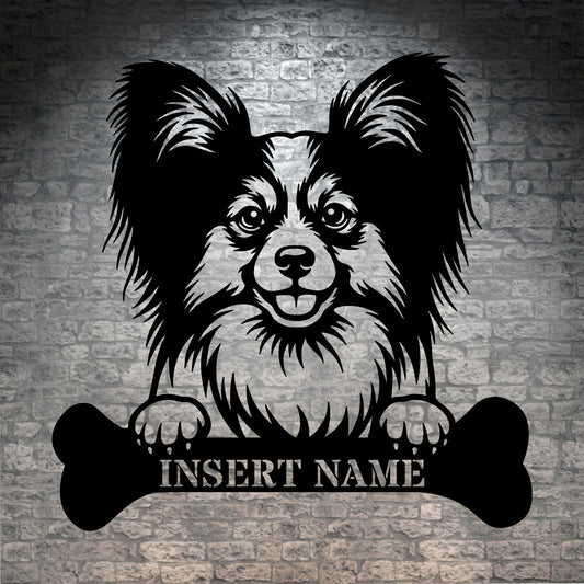 Personalized Papillon With Bone Name Metal Sign. Funny Custom Dog Wall Decor Gift