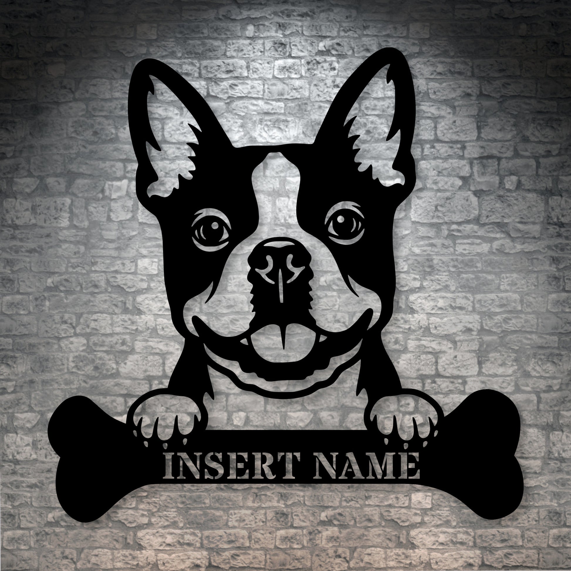 Personalized Boston Terrier With Bone Metal Sign. Custom Funny Dog Name Decor