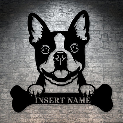 Personalized Boston Terrier With Bone Metal Sign. Custom Funny Dog Name Decor
