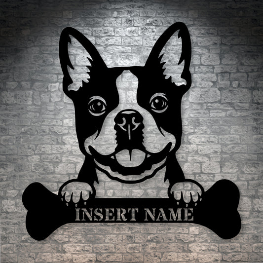 Personalized Boston Terrier With Bone Metal Sign. Custom Funny Dog Name Decor