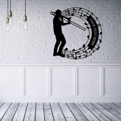 Personalized Trombone Player In Notes Name Metal Sign. Custom Music Lover Decor Gift. Musician Entertainer Gifts. Musical Wall Hanging Decor