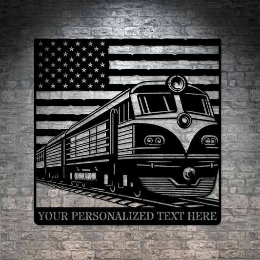 Personalized Vintage Train Metal Sign. Custom Patriotic US Locomotive Wall Decor Gift. Train Collector Gift. American Railroad Wall Hanging