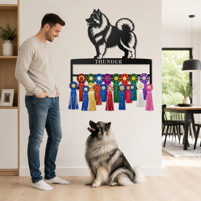Personalized Keeshond Rosette Metal Sign Display. Custom Wolfspitz Champion Wall Decor.