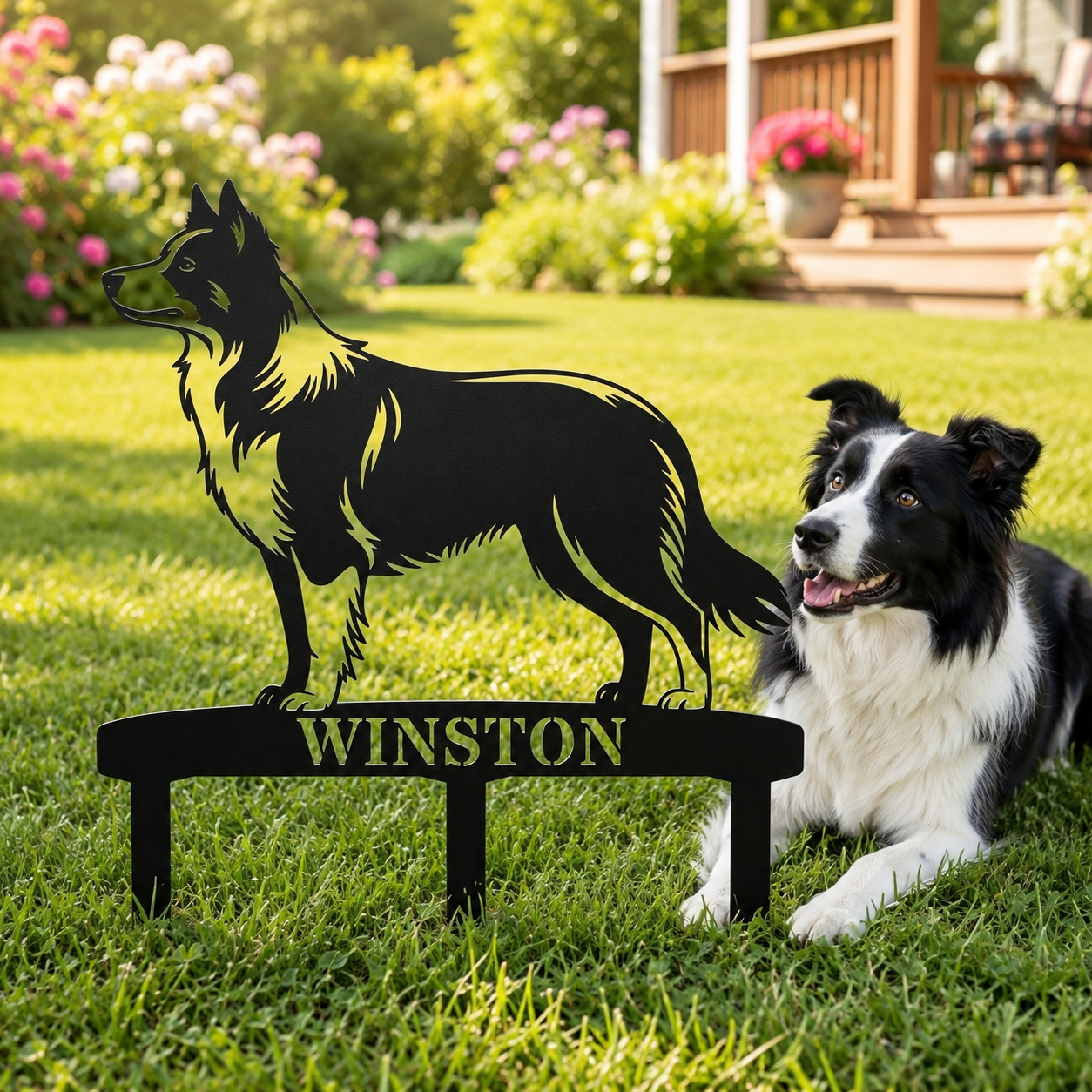 Personalized Border Collie Garden Metal Sign With Stakes. Custom Dog Lover Name Gift