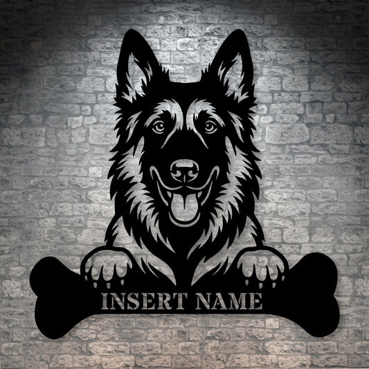 Personalized Belgian Shepherd With Bone Metal Sign. Funny Peek-a-boo dog Wall Decor