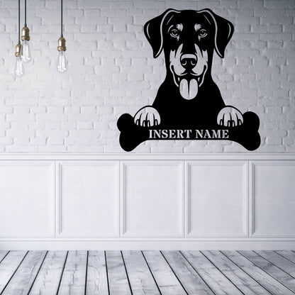 Personalized Dobermann With Bone Metal Sign. Custom Funny Dog Name Decor