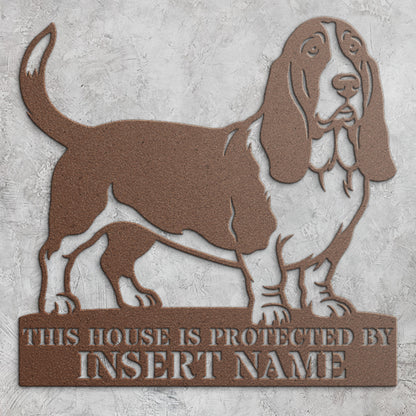 Personalized Basset Hound Guard Metal Sign. Custom Dog Name Wall Decor