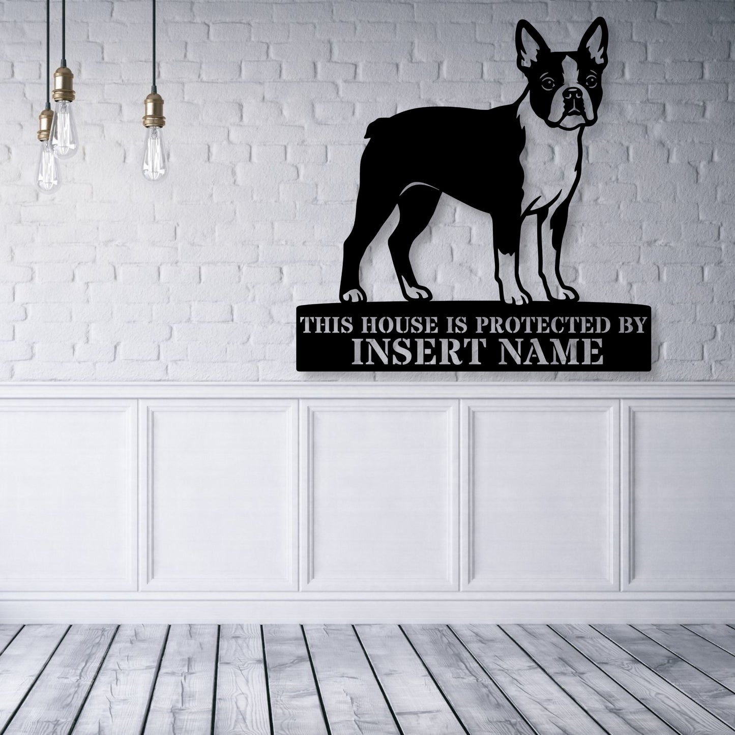 Personalized Boston Terrier Guard Metal Sign. Custom Dog Protect Name Wall Decor