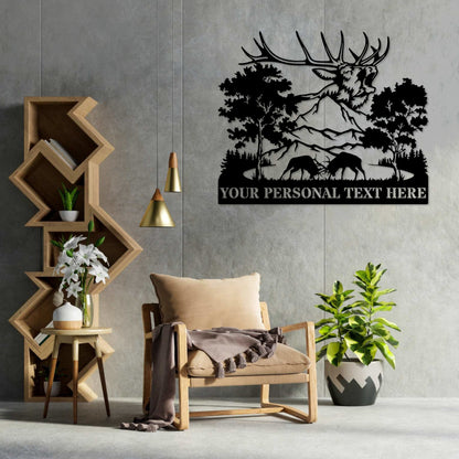 Personalized Nature Wildlife Deer Fighting Metal Sign, Custom Nature Deer Wall Art, Deer Steel Sign Monogram, Mountain Deer Wall Decor Gift