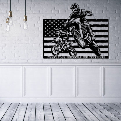 Personalized Dad And Son Dirtbike Name Metal Sign. Custom Patriotic Motocross US Flag Wall Decor Gift. Father's Day Gift. Biker Monogram Art