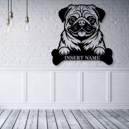 Personalized Pug With Bone Name Metal Sign. Custom Funny Dog Decor