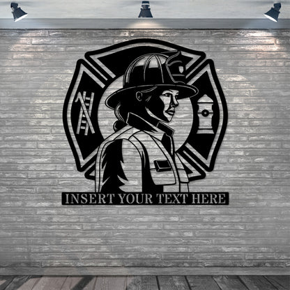 Personalized Female Firefighter Metal Sign In Black