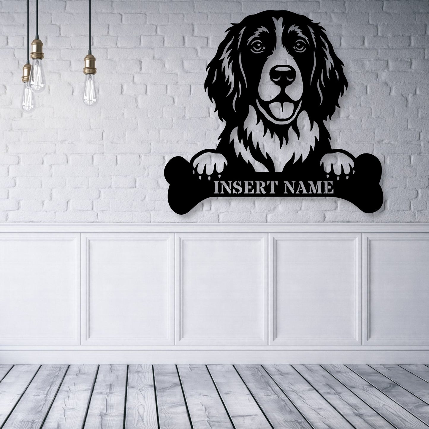 Personalized English Springer Spaniel With Bone Metal Sign. Custom Dog Name Decor