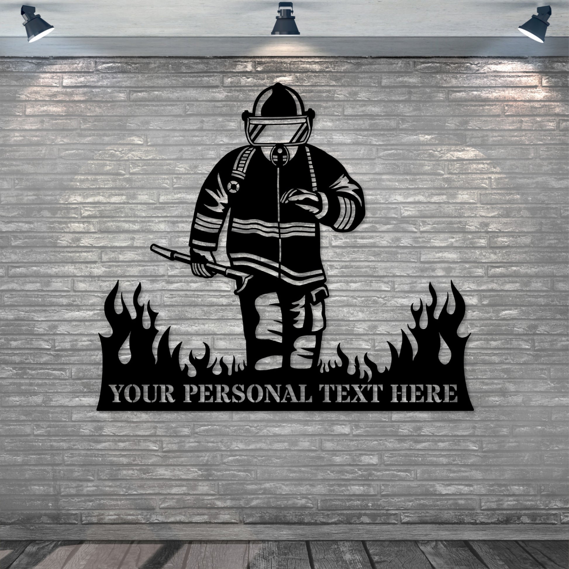 Personalized Fireman In Flames Name Metal Sign Gift In Black