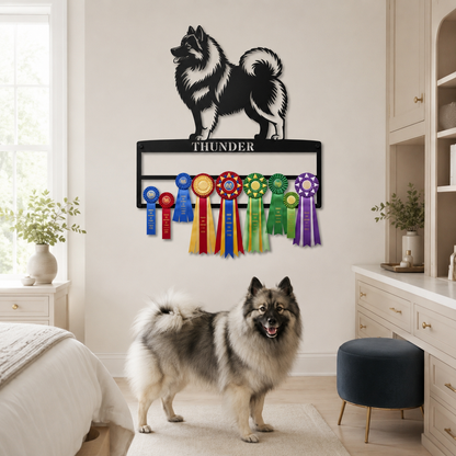 Personalized Keeshond Rosette Metal Sign Display. Custom Wolfspitz Champion Wall Decor.