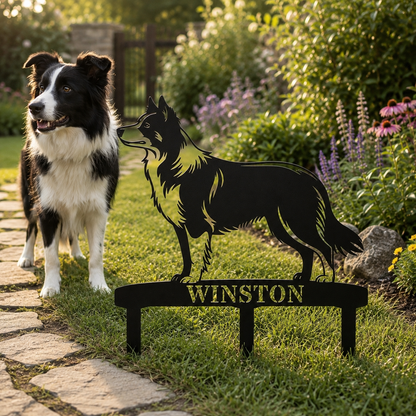 Personalized Border Collie Garden Metal Sign With Stakes. Custom Dog Lover Name Gift