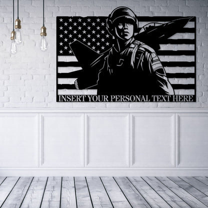 Personalized American Jet Fighter Pilot Metal Sign. Custom Air Force Wall Decor Gift. Military Retirement. Army Wall Hanging. US Metal Flag