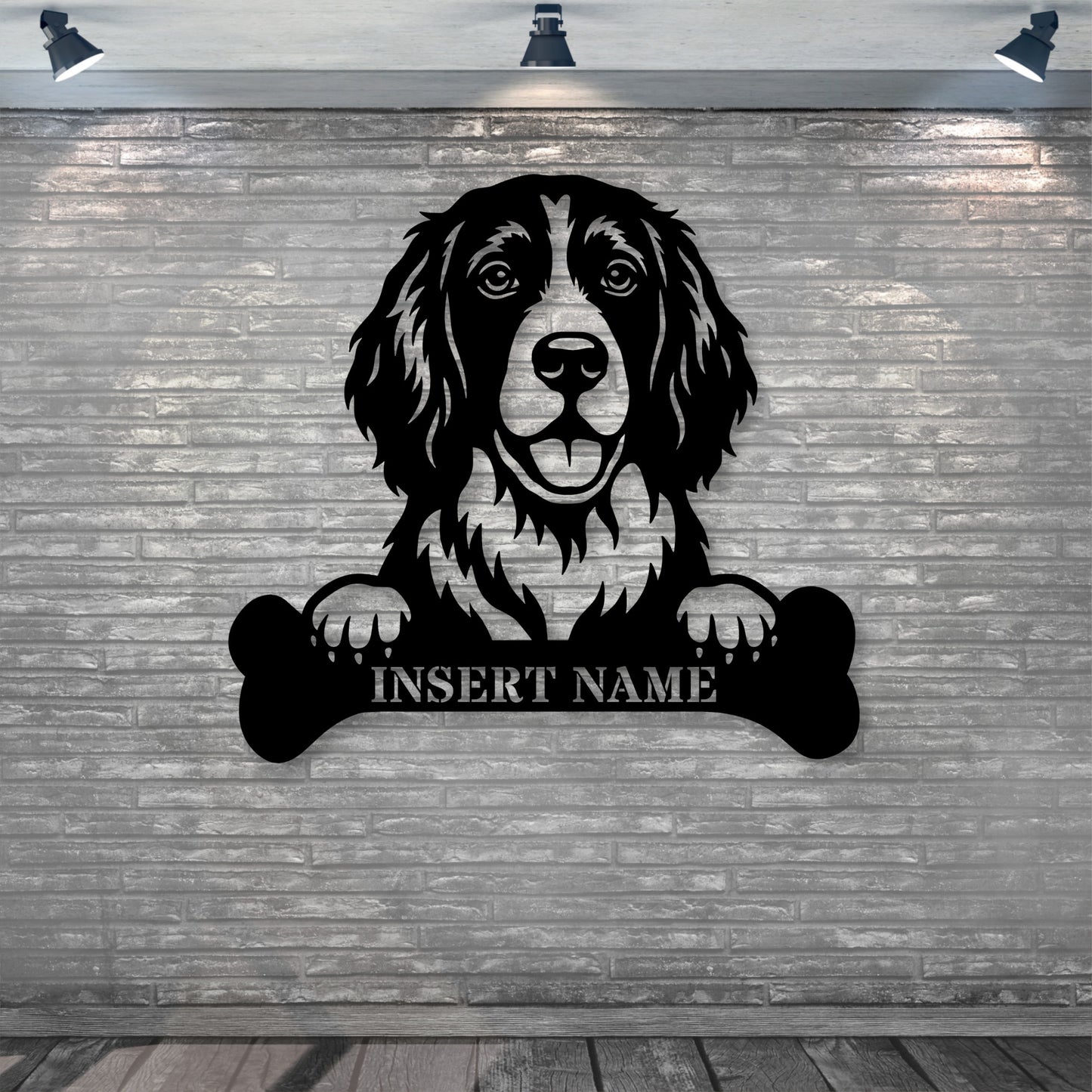Personalized English Springer Spaniel With Bone Metal Sign. Custom Dog Name Decor
