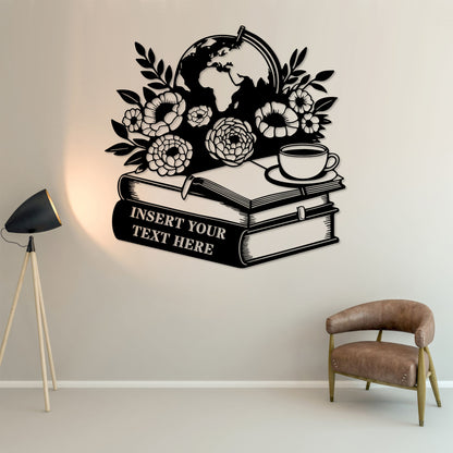 Personalized Floral Bookworm Name Metal Sign. Custom Home Library Wall Decor Gift. Geography Reader. Gift For Book Lover. School Class Decor