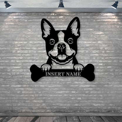 Personalized Boston Terrier With Bone Metal Sign. Custom Funny Dog Name Decor