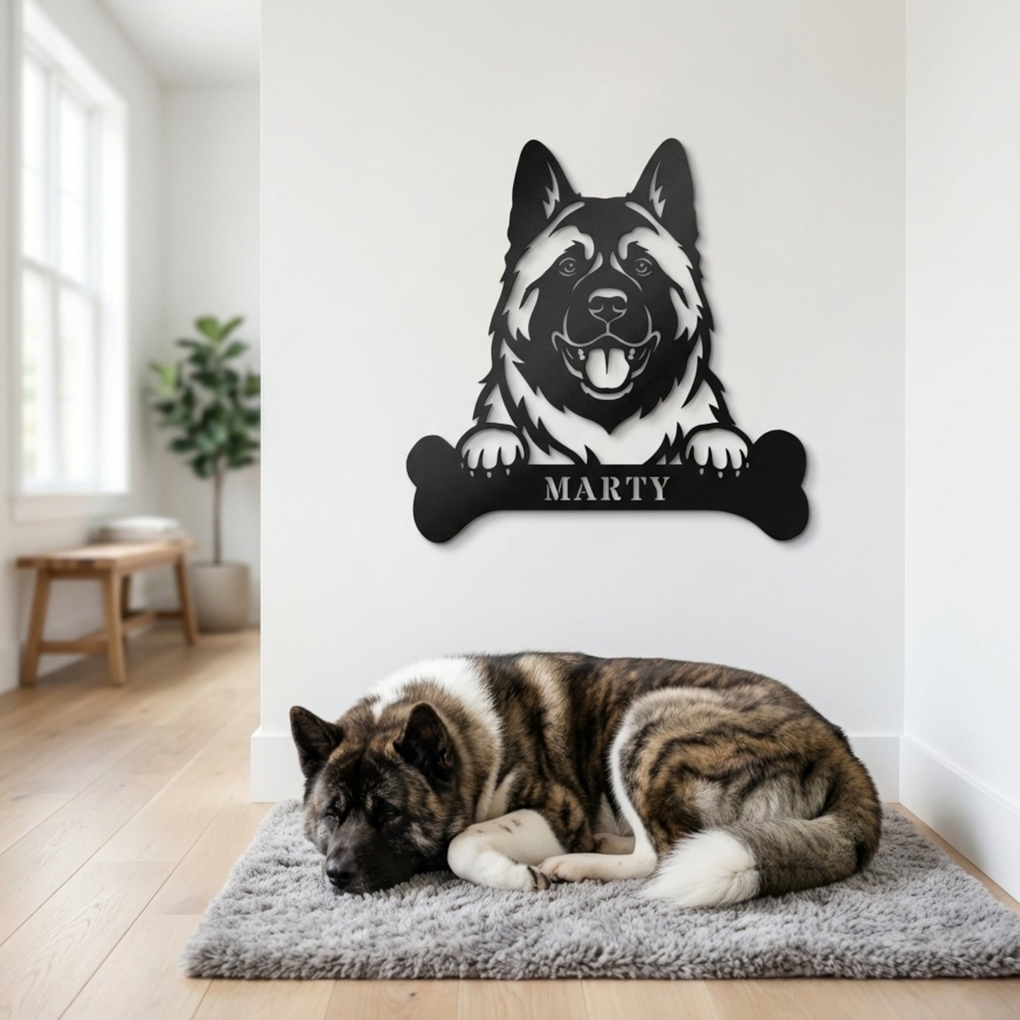 Personalized American Akita With Bone. Custom Dog Name Metal Sign