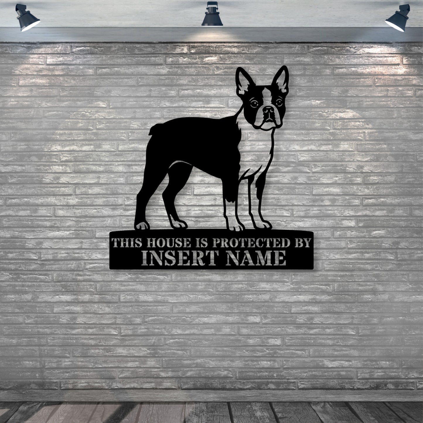 Personalized Boston Terrier Guard Metal Sign. Custom Dog Protect Name Wall Decor