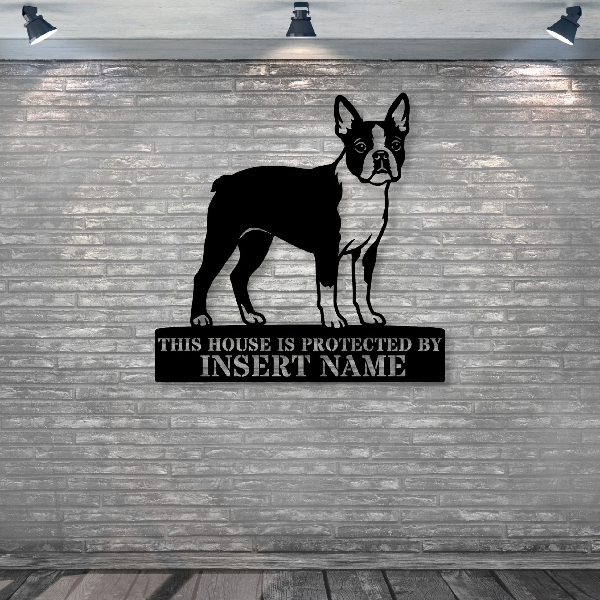 Personalized Boston Terrier Guard Metal Sign. Custom Dog Protect Name Wall Decor