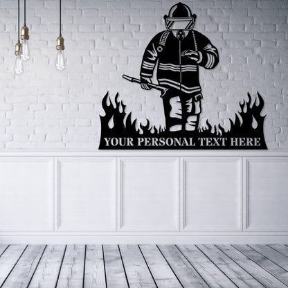 Personalized Fireman In Flames Name Metal Sign Gift In Black