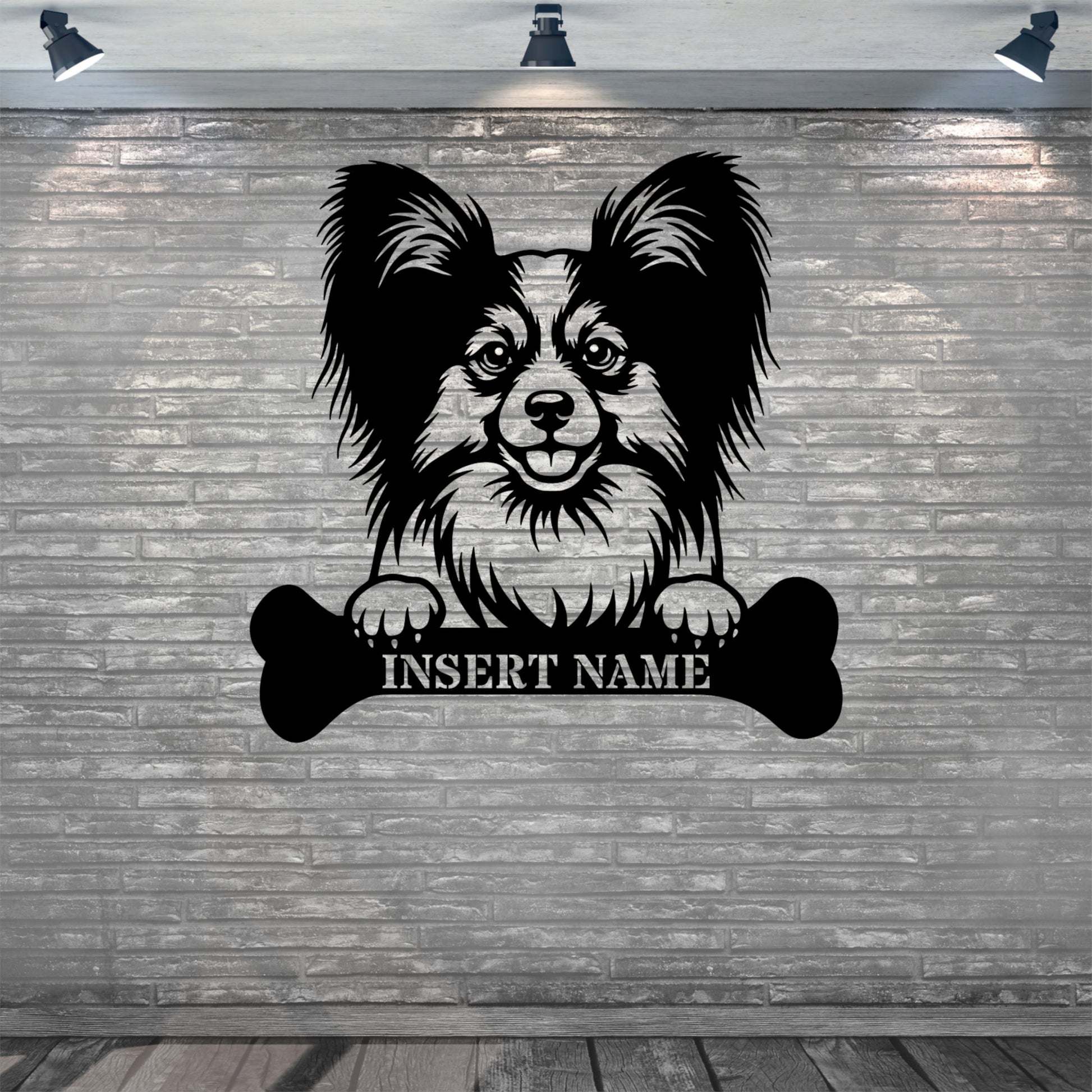 Personalized Papillon With Bone Name Metal Sign. Funny Custom Dog Wall Decor Gift