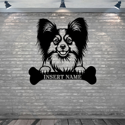 Personalized Papillon With Bone Name Metal Sign. Funny Custom Dog Wall Decor Gift