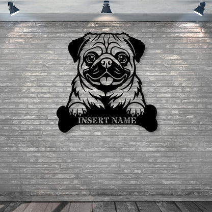 Personalized Pug With Bone Name Metal Sign. Custom Funny Dog Decor