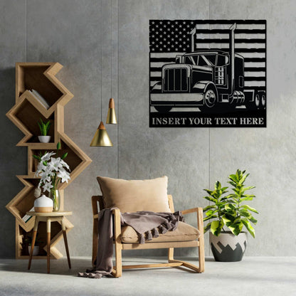 Personalized American Trucker Name Metal Sign. Custom Patriotic Lorry Driver Wall Decor Gift