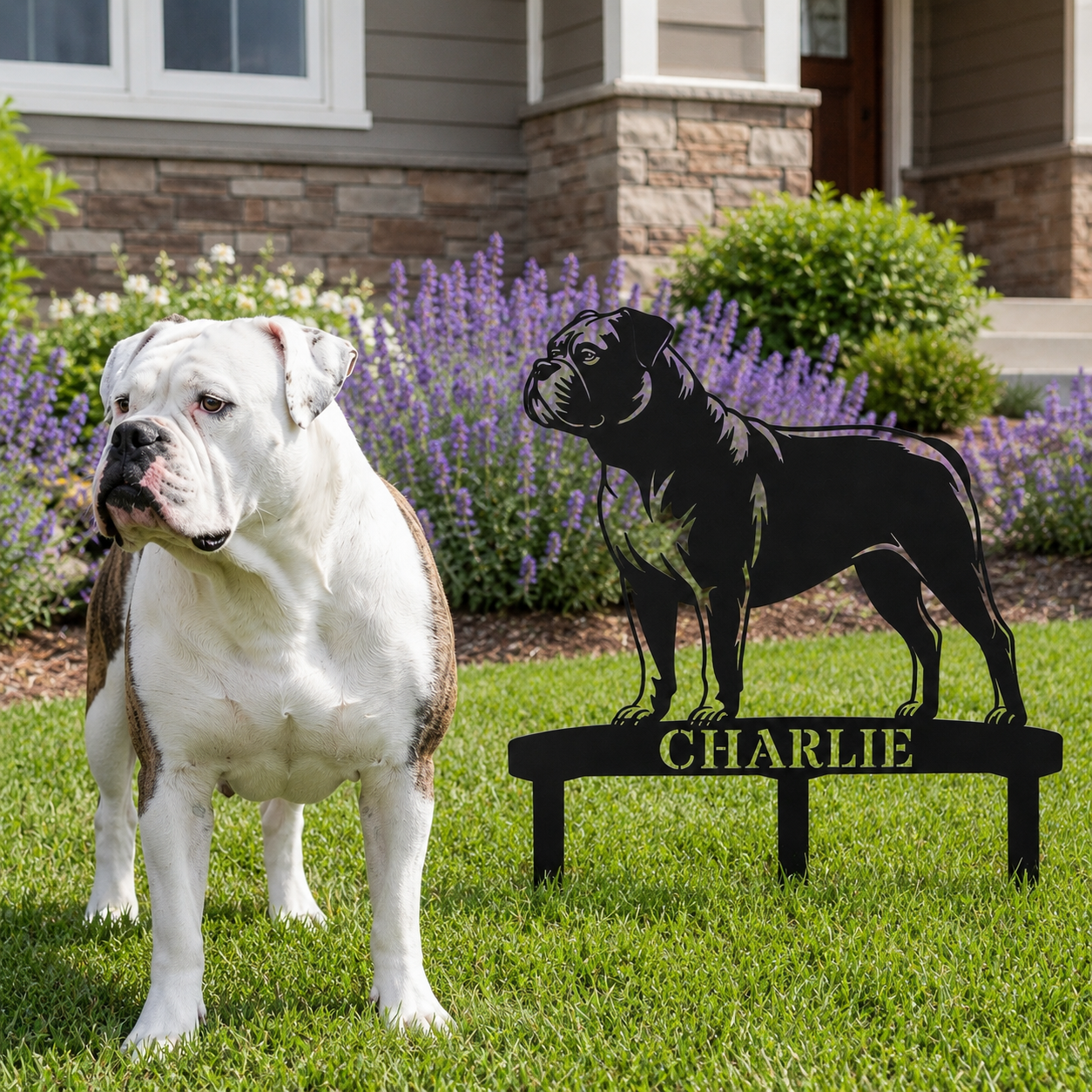 Personalized American Bulldog Garden Metal Sign With Stakes. Custom Dog Lover Name Gift