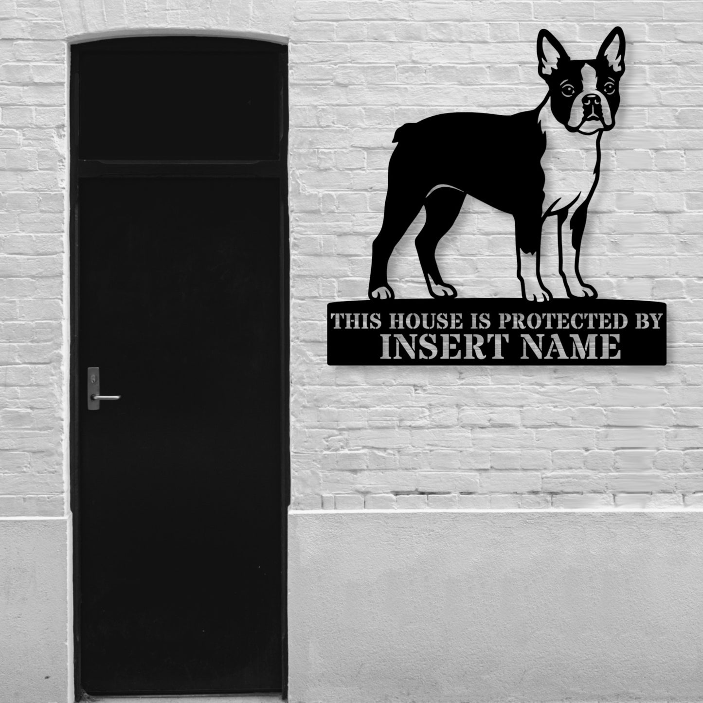 Personalized Boston Terrier Guard Metal Sign. Custom Dog Protect Name Wall Decor